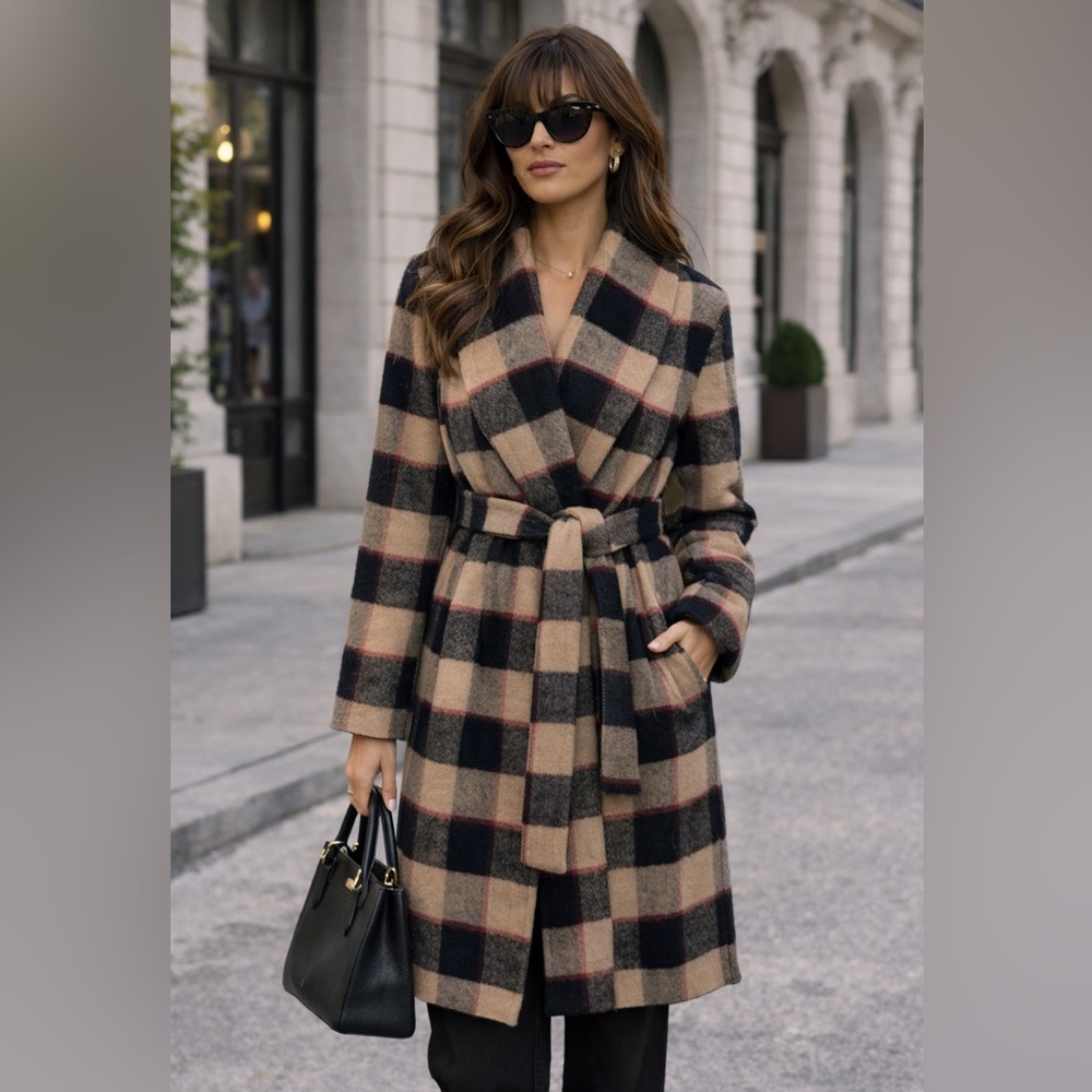 Ann Taylor Buffalo Plaid Shawl Collar Belted Coat